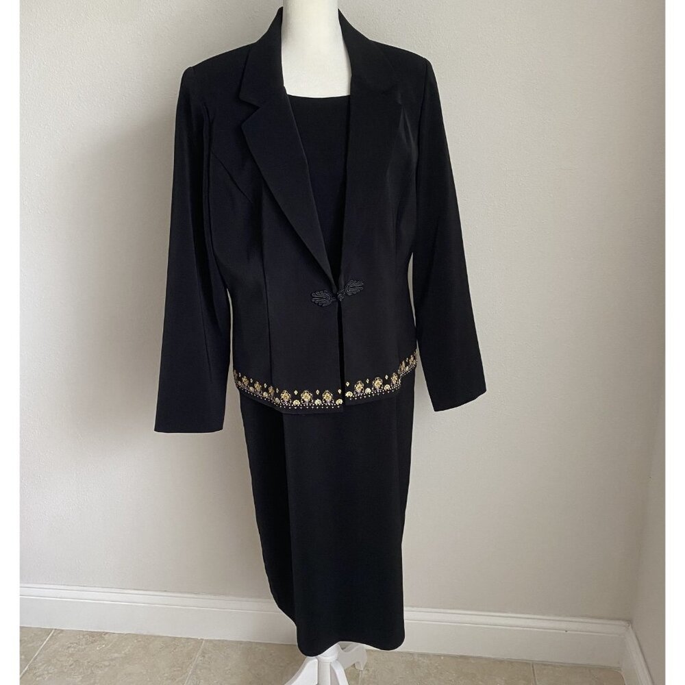 Ann Travis Womens 12 Black Dress & Blazer Suit Set w Gold Embroidery